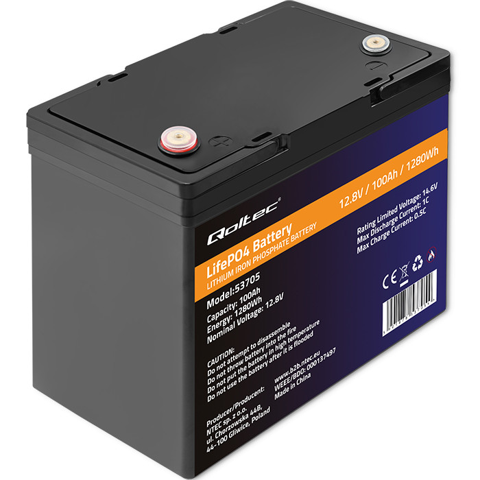 Qoltec Akumulator LiFePO4 Litowo-Żelazowo-Fosforanowy | 12.8V | 100Ah | 1280Wh | BMS